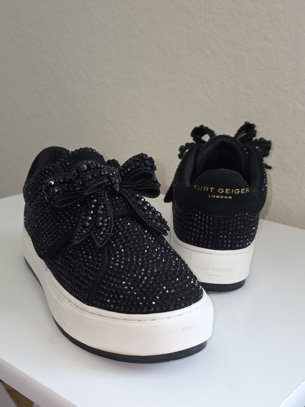 Kurt Geiger Suede Embellished Bow Platform Sneakers Laney Crystal Size 39